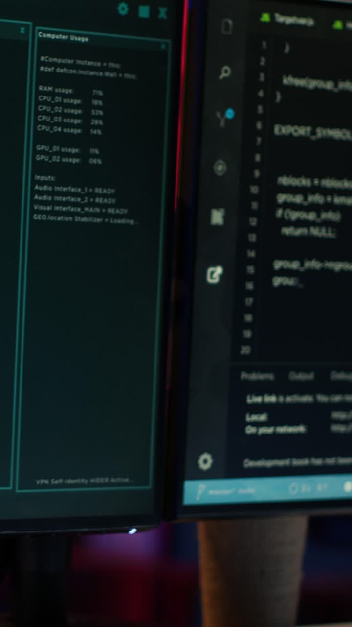 Vertical video Technology in apartment used for deploying DDOS attacks scripts, close up