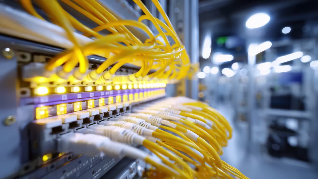 Detailed Close-Up on Fiber Optic Cables and Equipment with Illuminated Indicators in a Data Center Environment Showcasing Connectivity and Technology