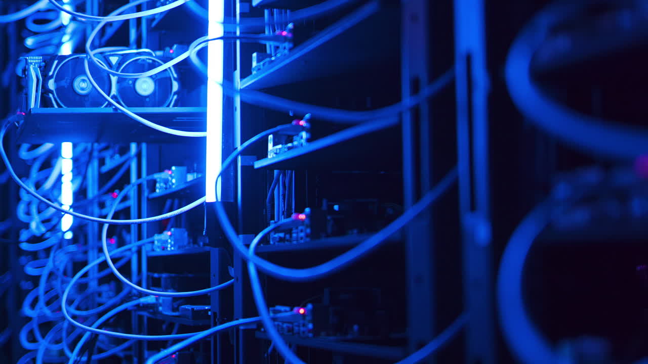 Close up of a rack-mounted server in data centre