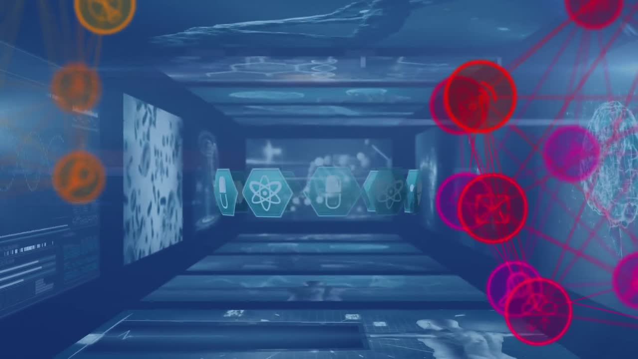 두 개의 디지털 아이콘의 세계가 의료 데이터 처리를 가진 스크린에 대해 회전하는 애니메이션