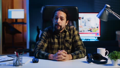 POV-of-smiling-man-in-videoconference-meeting,-checking-up-on-close-friend