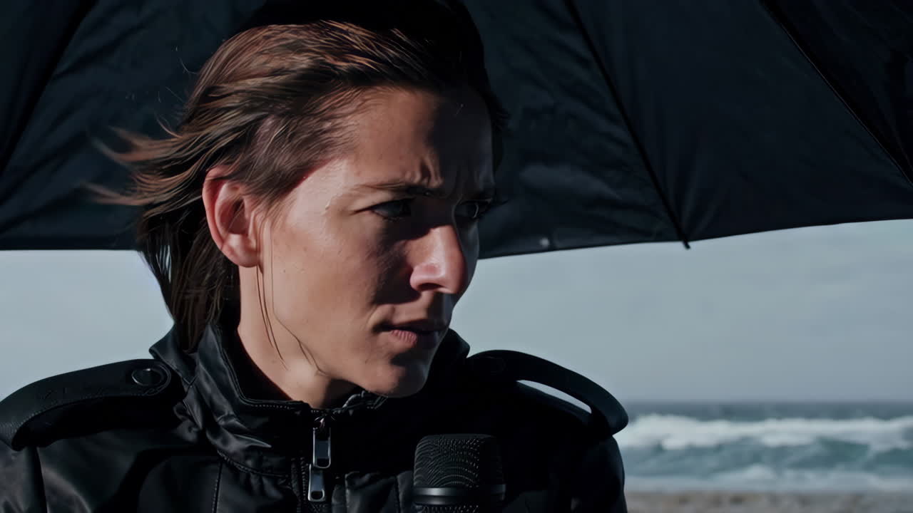 Woman under Umbrella in Stormy Weather