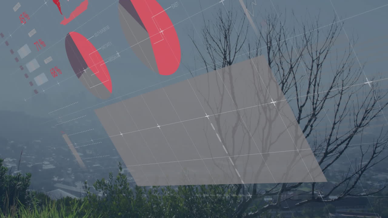 Data visualization overlay hovering over misty valley, displaying pie charts and grid lines