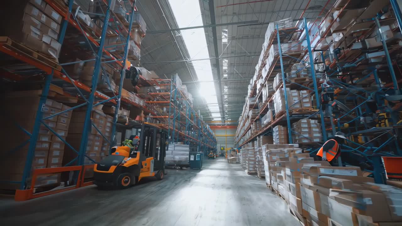 Wide-angle video of a vast warehouse aisle, showcasing towering shelves and busy workers