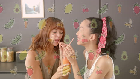 fruits and vegetables animation over two women sharing smoothie in kitchen