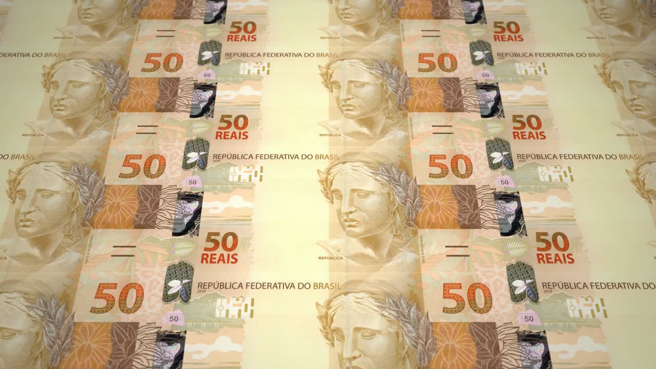 50 브라질 레알의 지폐가 화면에 굴러, 현금, 루프