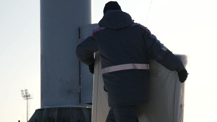 Lavoratore che Installa o Ripara Attrezzature con Tempo Invernale