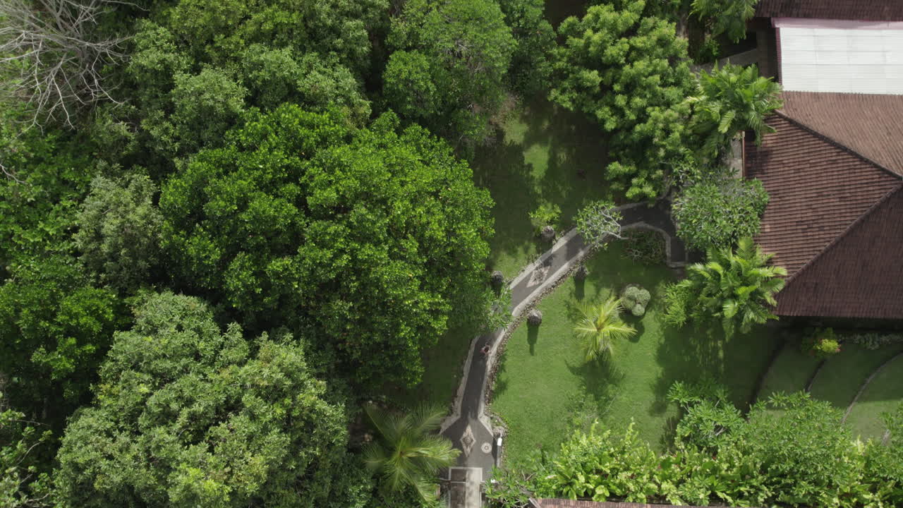hombre caminando por un sendero entre villas y palmeras en un resort de lujo en bali, vista de arriba hacia abajo de drones, volar hacia adelante