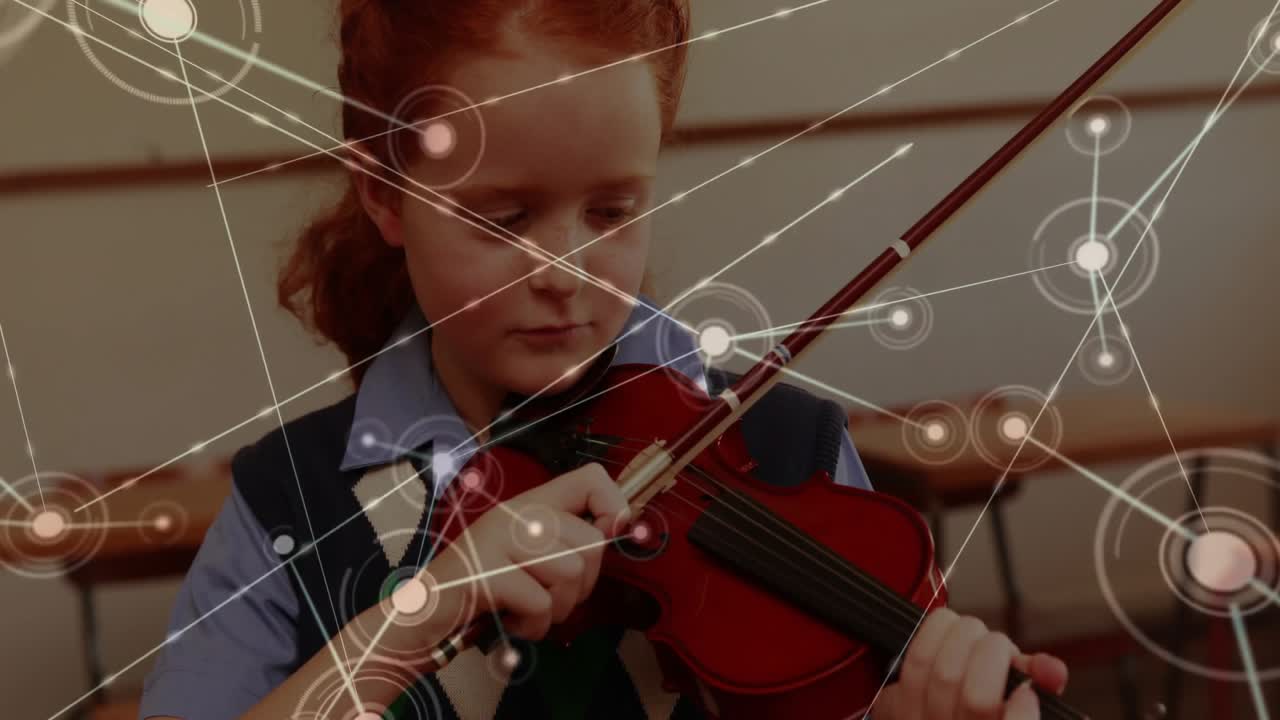 Child violinist bowing violin and causing expanding network nodes visualizing sound in education