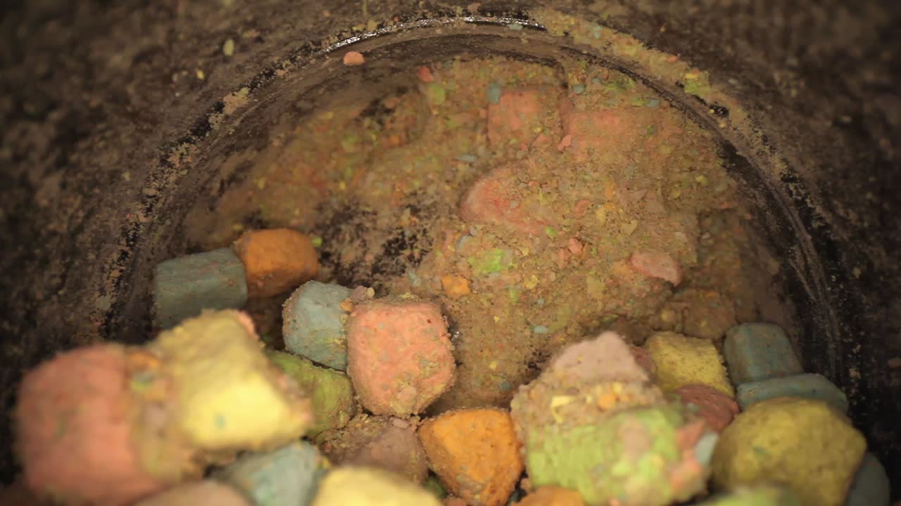 여러 가지 색상의 마시멜로 조각을 바닥에서 끝까지 당겨 빼냅니다.