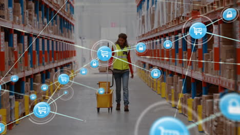 animation of network of connections over biracial female worker in warehouse walking