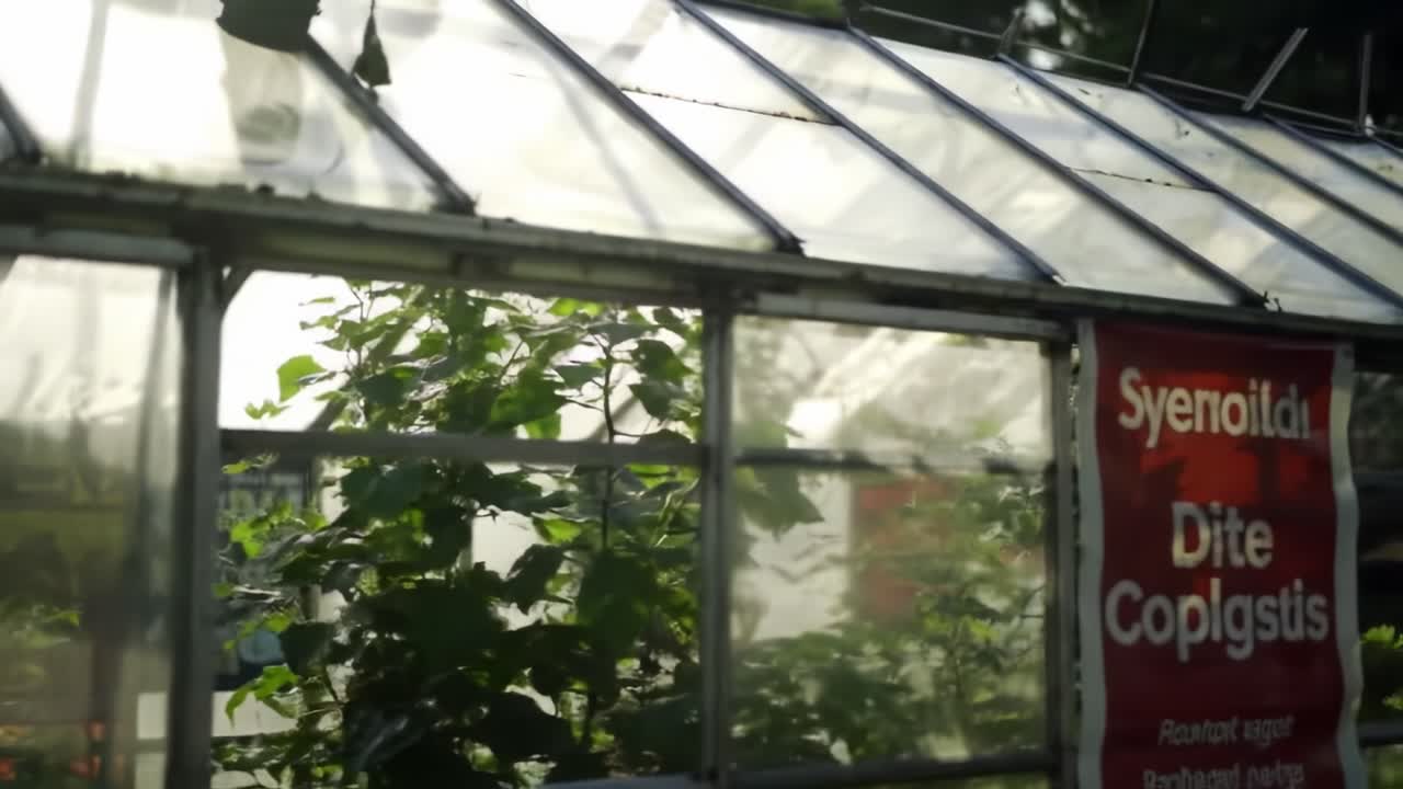 Exploring the Tranquil Interior of a Greenhouse Filled with Lush Vegetation and Sunlight Filtering Through Glass Panels, Showcasing Nature's Beauty and Growth