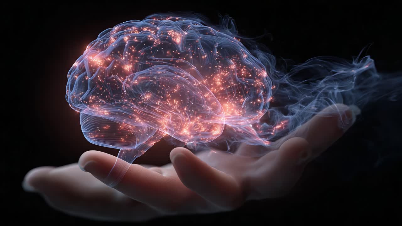 A Stunning Visualization of the Human Brain Illuminated with Bright Sparks, Representing Knowledge, Creativity, and the Mysteries of Thought in a Captivating Digital Art Form