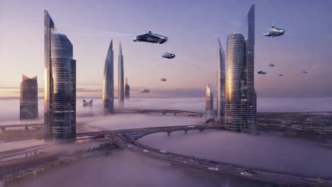 futuristic cityscape with flying vehicles and fog