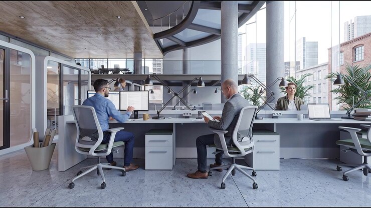 Spazio di lavoro industriale moderno con attrezzature tecnologiche e un layout d'ufficio contemporaneo.