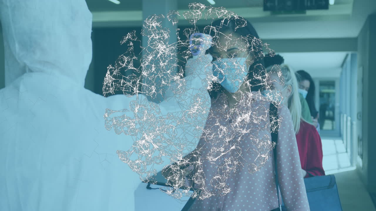 사무실에서 직원들이 마스크를 착용하여 체온을 확인하는 코로나19 세포의 애니메이션