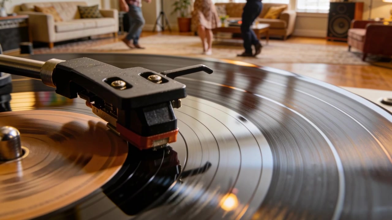 Braccio del giradischi che si abbassa, vinile che gira a casa, amici che battono il tempo, ballano a ritmo di musica, donna in abito.