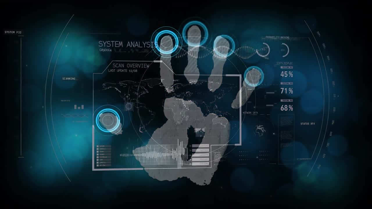 Animation of data processing over biometric handprint