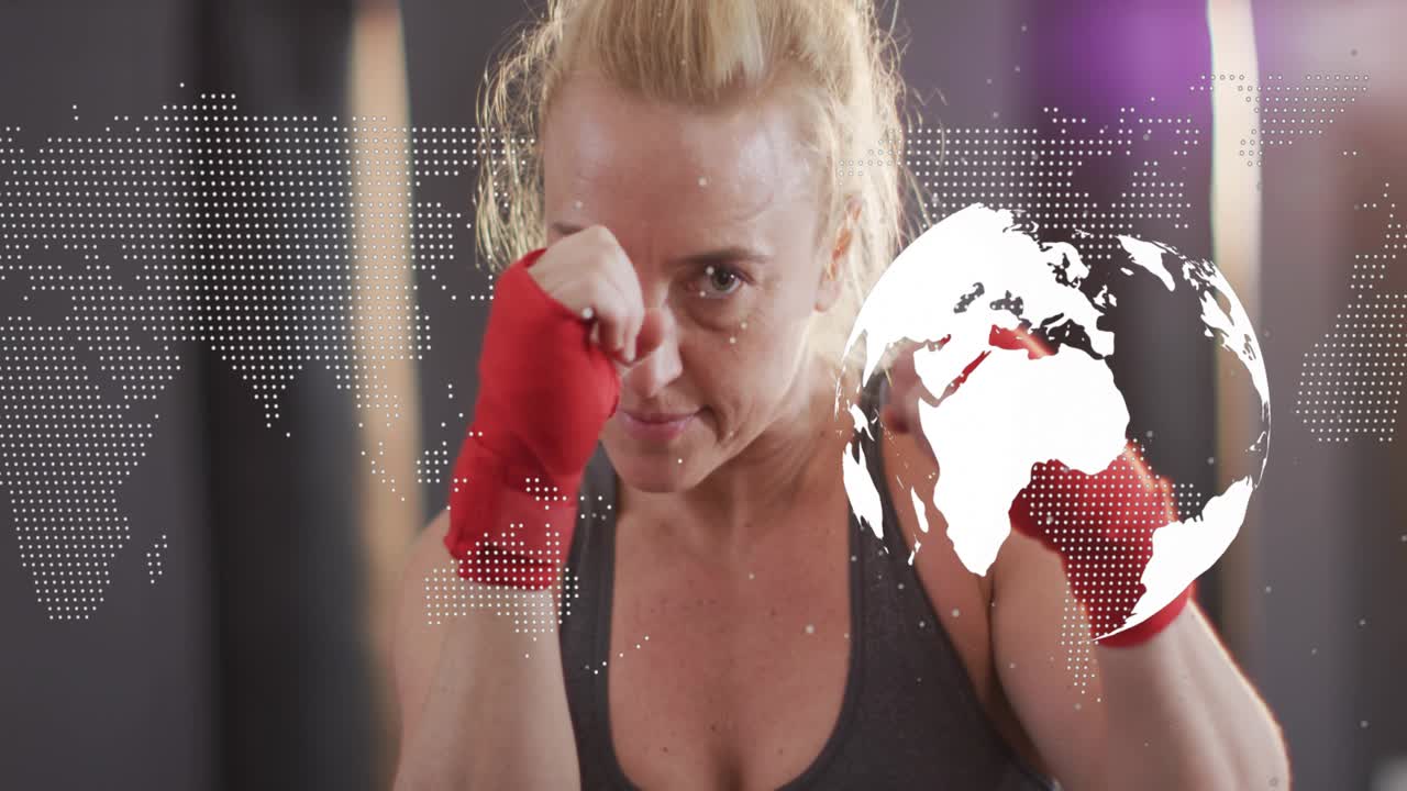 Camera zooming in, boxer raising guard and jabbing for fitness, dotted map overlay tracking motion