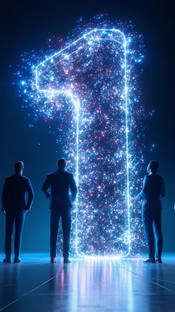 A stunning display of shimmering lights forms the digital number one, symbolizing achievement and new beginnings as individuals observe in awe and anticipation