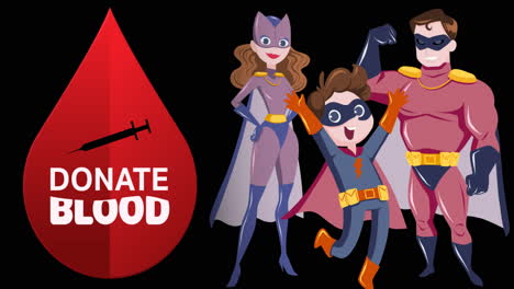 animation of donate blood text with blood drop and superheroes on black background