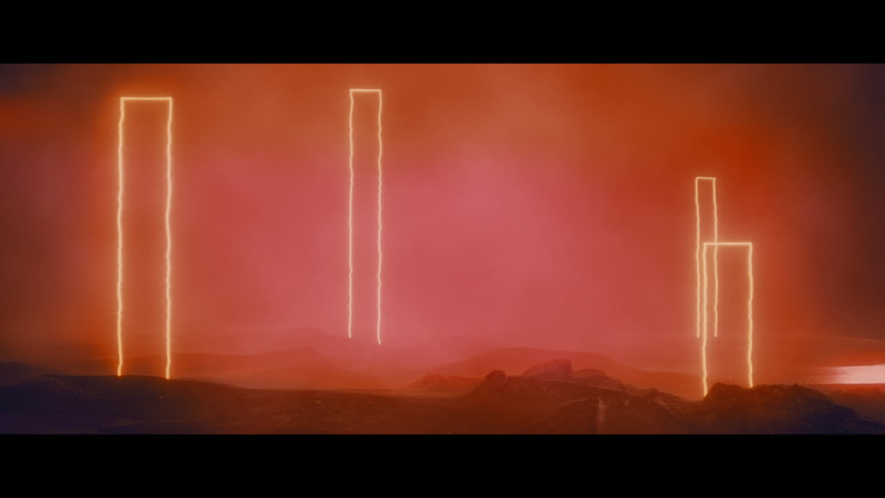 Rocky landscape with huge red light portal structures