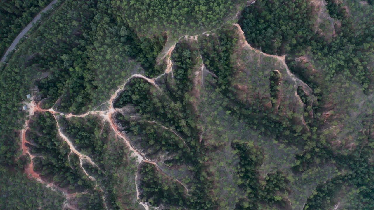 Trail along the Canyon in Pai Thailand (Kong Lan) - Bird's eye view from high above top down Aerial