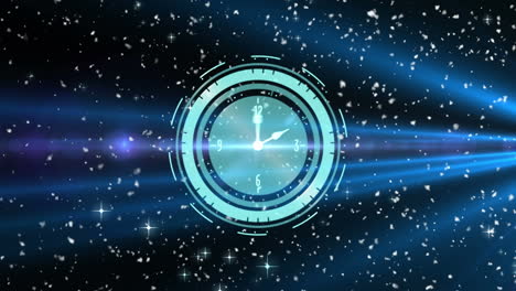 animation of clock with moving hands over glowing stars on black background