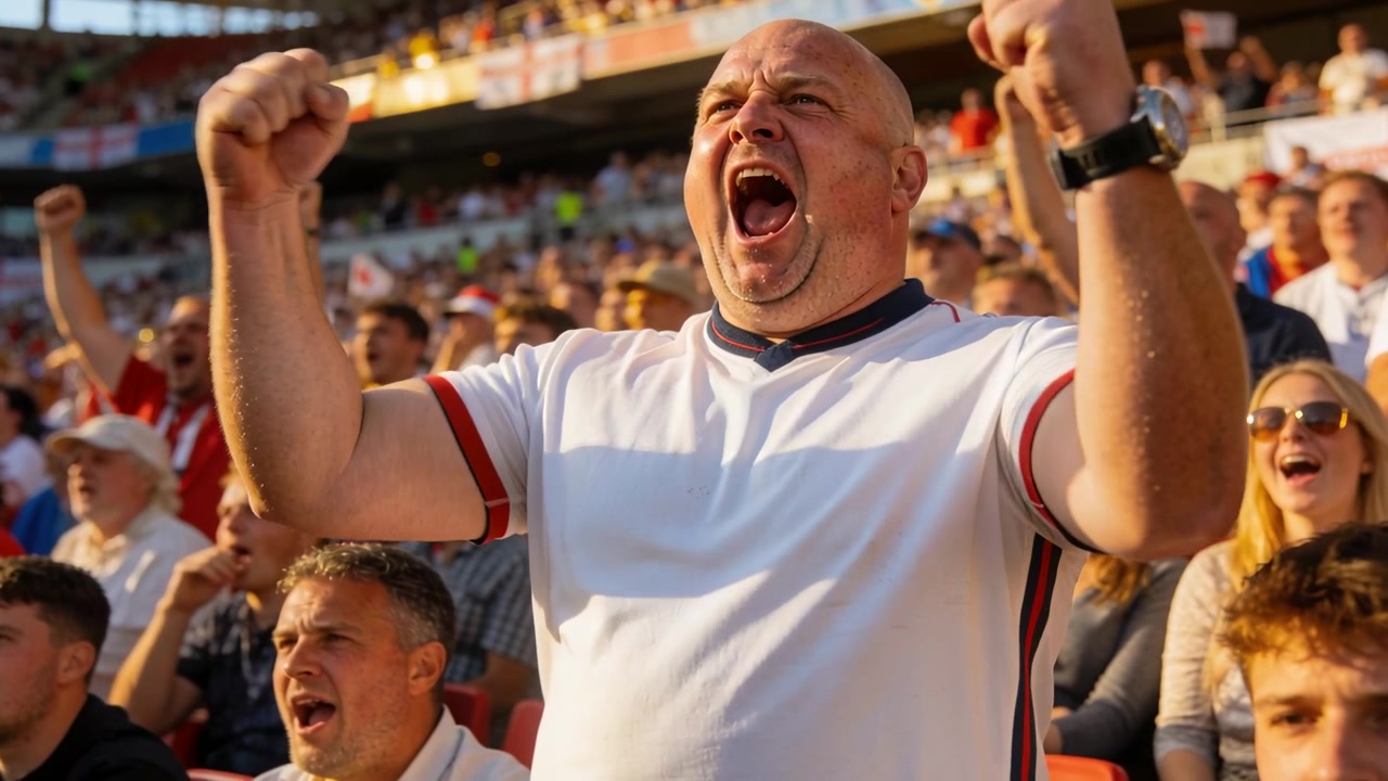 Hombre calvo gritando y levantando los puños en las gradas del estadio tras una jugada, con camiseta blanca y reloj de pulsera.