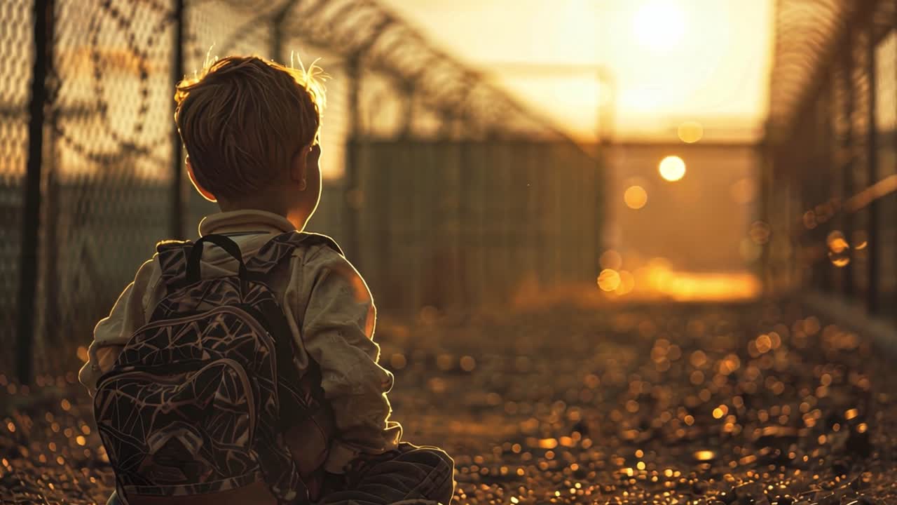 A child with a backpack sits near a fence at sunset