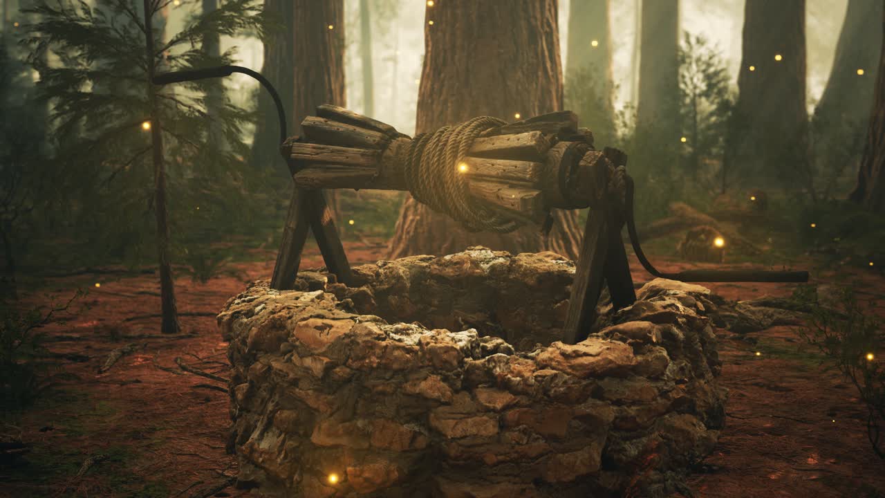 vieja piedra dibujar bien en el bosque con niebla