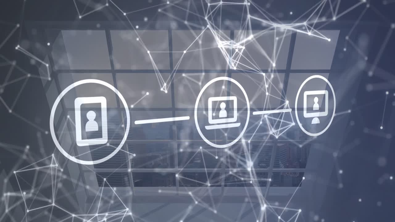 red de iconos digitales contra la ventana en un edificio moderno