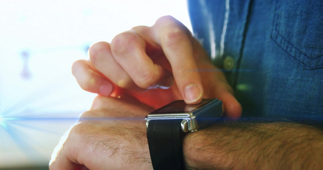 Side button tapping activating smartwatch display, finger tapping and swiping menu for navigation