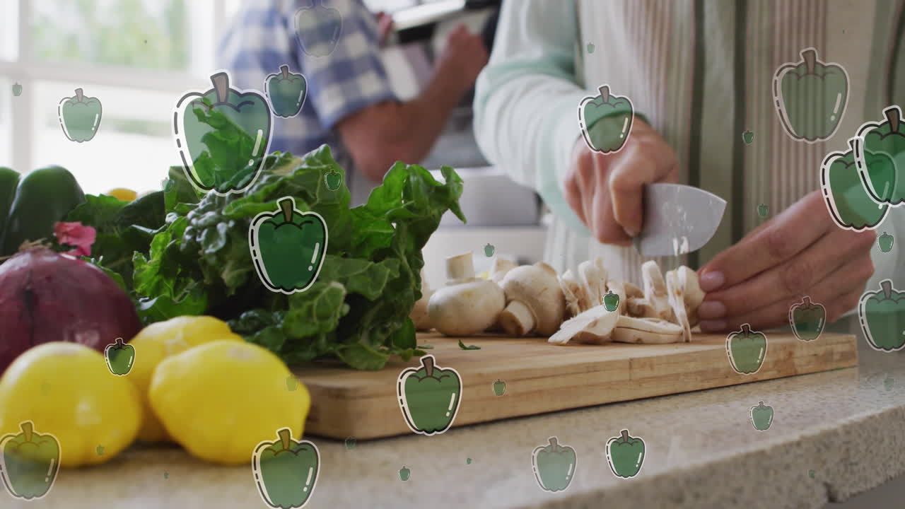 여성들이 요리를 하는 곳에서 종이가 떨어지는 애니메이션