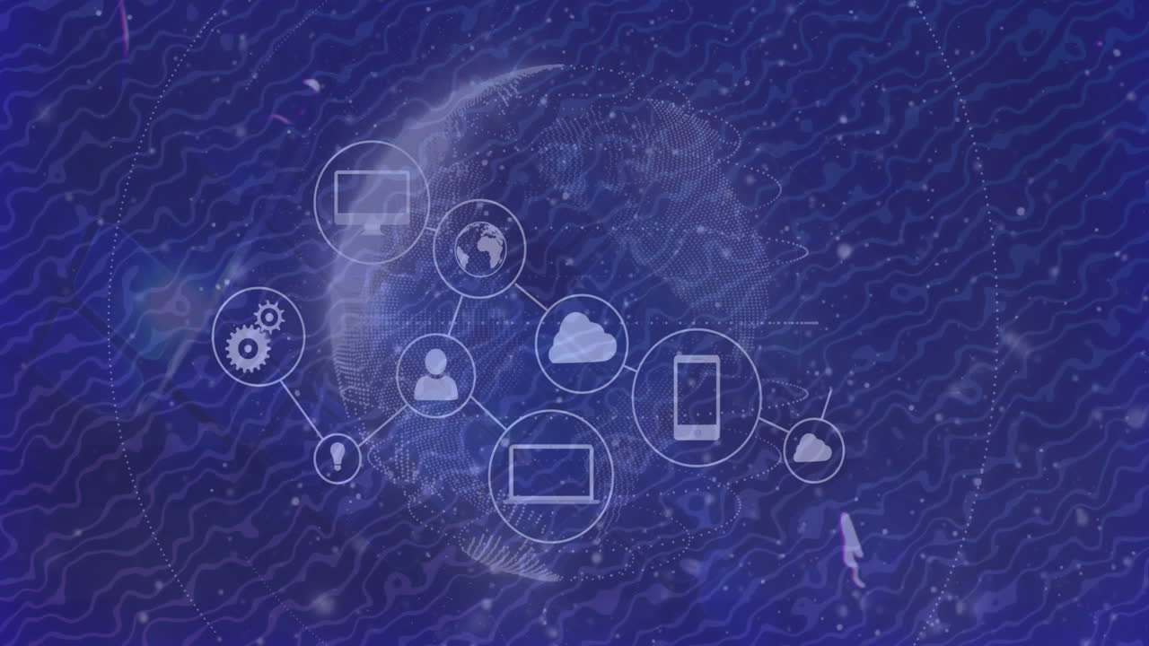 Connected digital network icons over globe with animation on wavy blue background