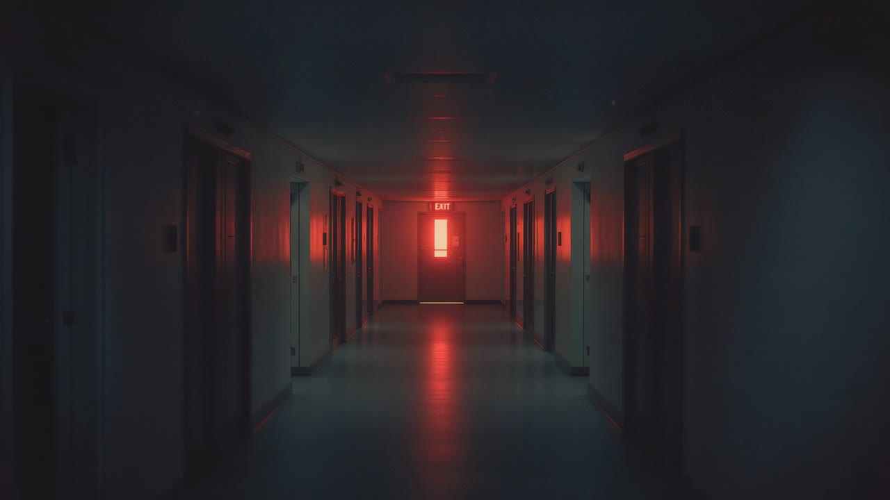 Camera recording office corridor toward red-lit EXIT sign window, reflecting polished floor