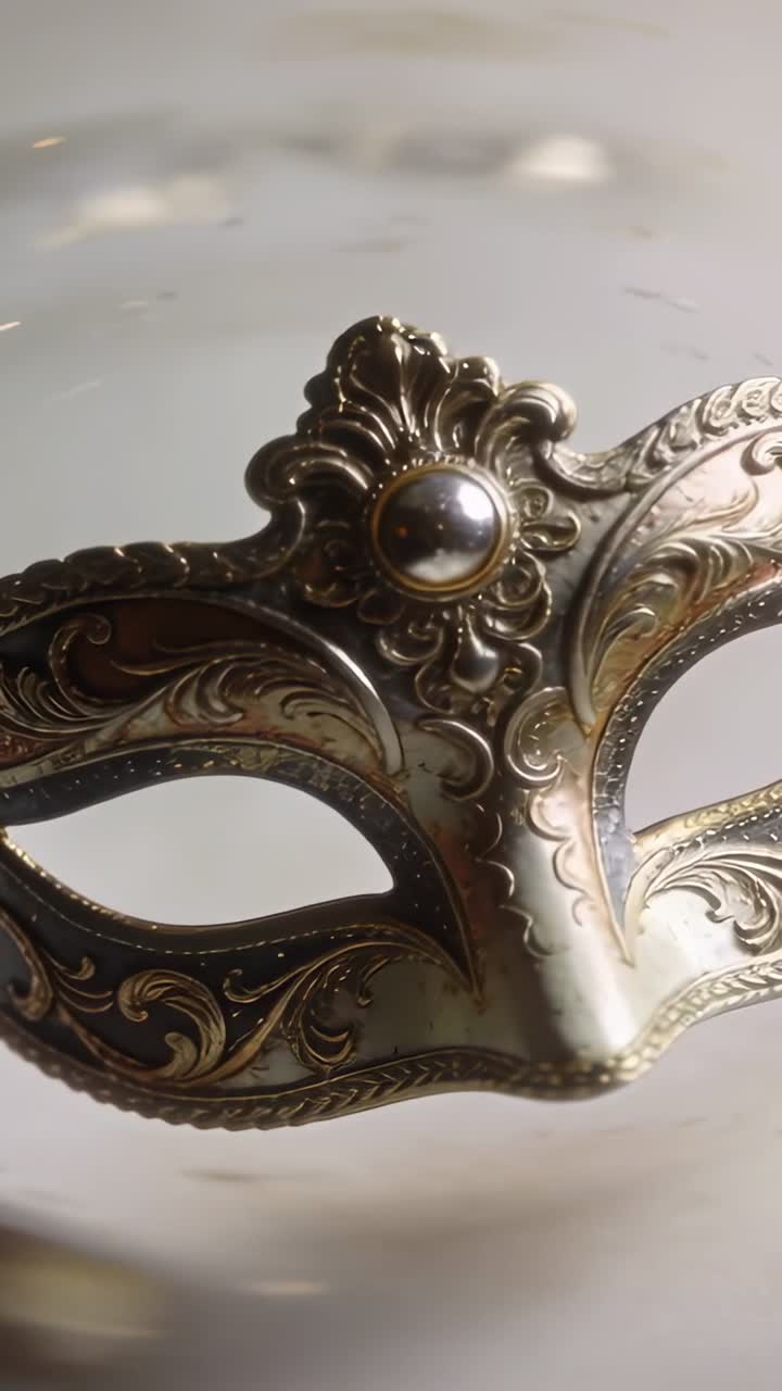 Video verticale: Maschera di metallo che si muove e ruota mentre la telecamera zooma, rivelando una perla e bolle in una ciotola.