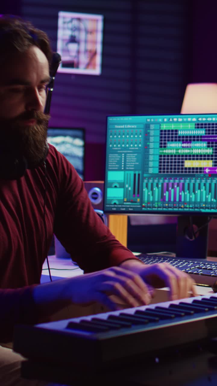 Male Music Producer Working on Digital Audio Workstation and MIDI Keyboard