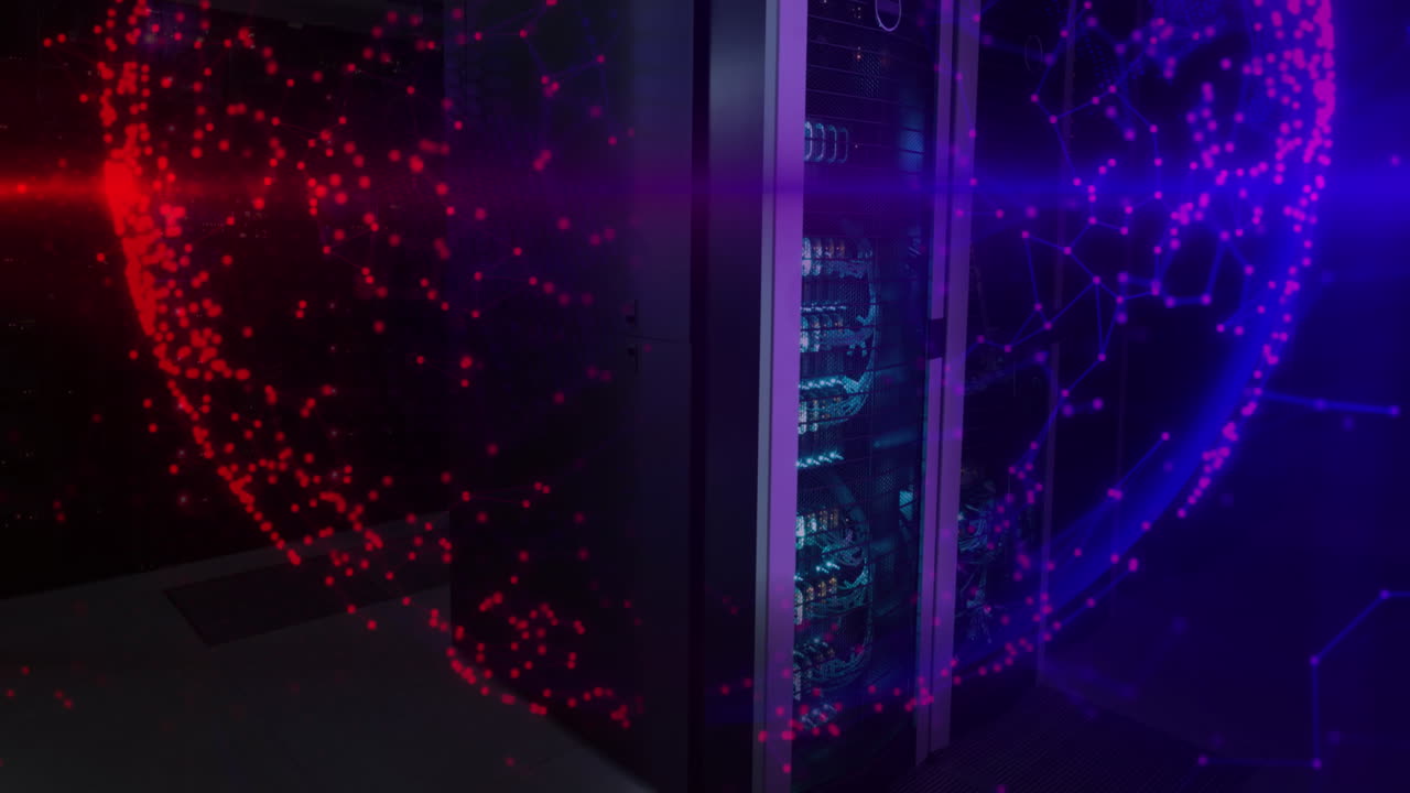 animación de formas en movimiento y globo sobre la sala del servidor