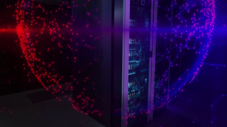 Animation of shapes moving and globe over server room