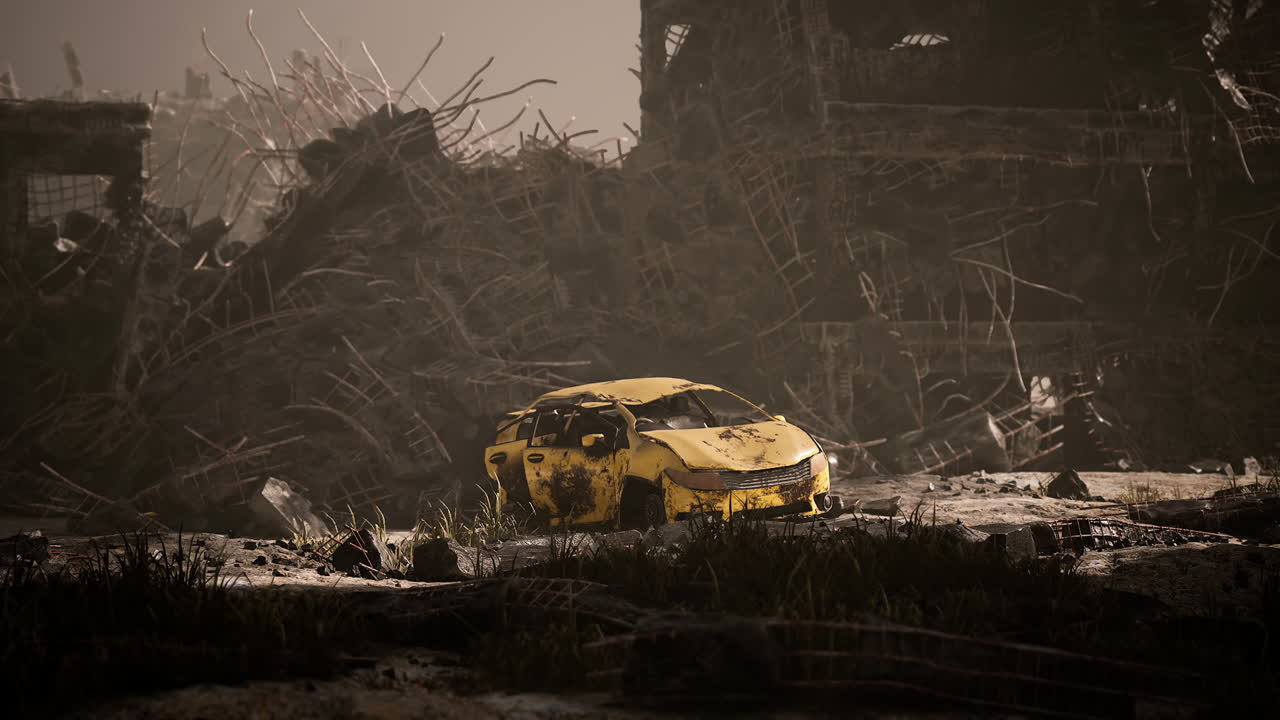 Abandoned yellow car in a post apocalyptic urban environment during daytime