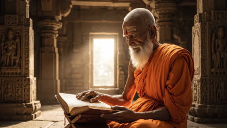 elderly monk reading sacred texts in an ancient temple
