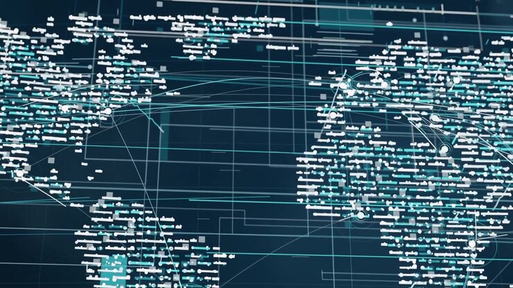 Starting stylized world map on HUD, curved arcs sweeping ocean and pulsing nodes showing data flows