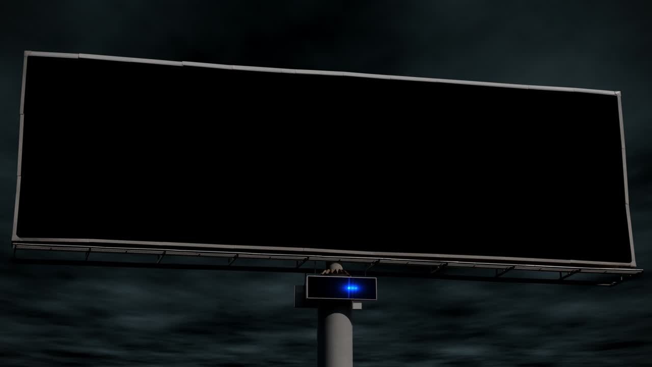 un cartel gigante a la orilla de la carretera frente a un cielo oscuro y tormentoso con el mensaje intermitente "hemos pasado el punto de no retorno, no hay vuelta atrás ahora" - loopable