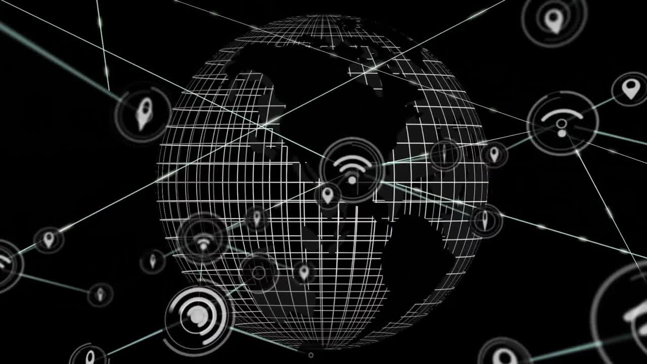 Animation of network of connections with icons over globe