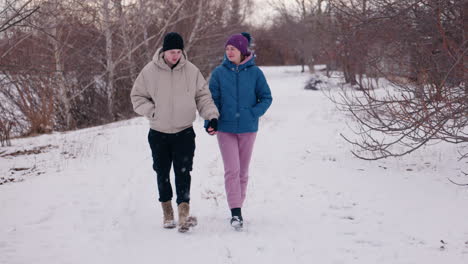 couple walking in snowy park