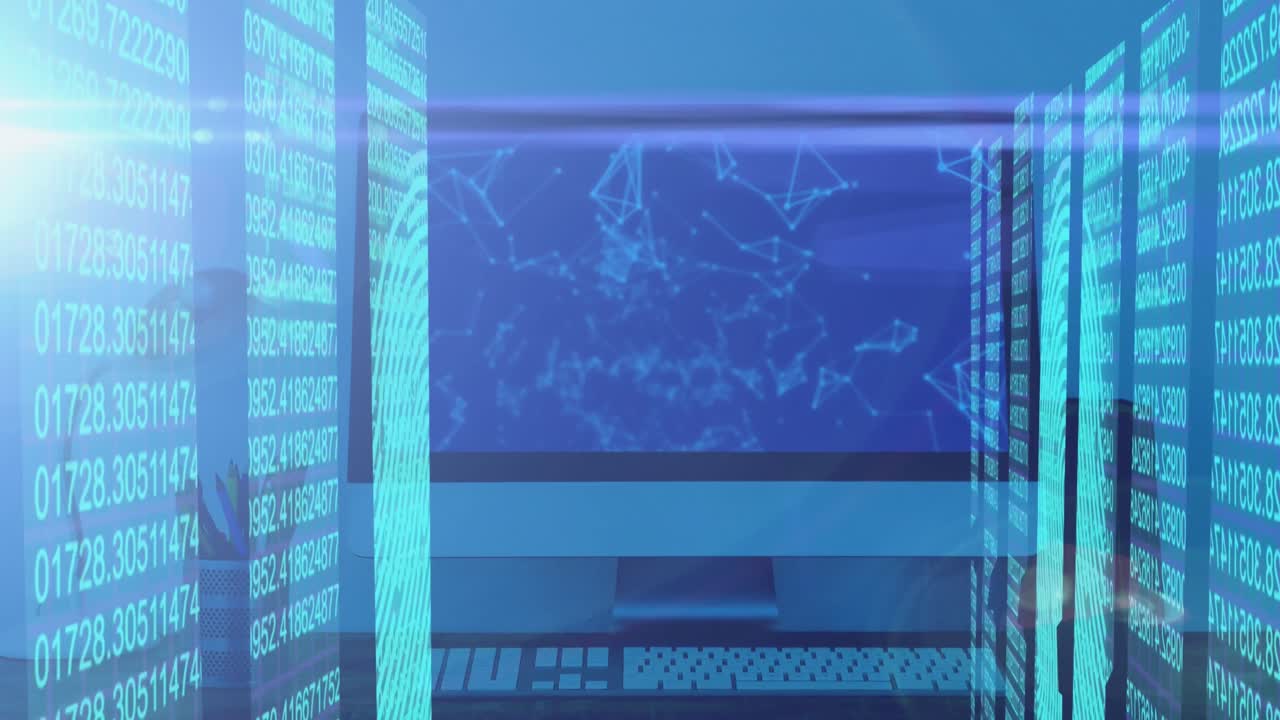 Animation of screens with data processing and desktop computer screen with plexus networks