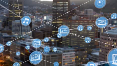 animation of network of connections over cityscape