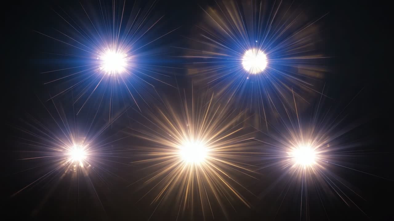 Starting on backdrop, cluster of five radial bursts shifting colors, pulsing with spark particles