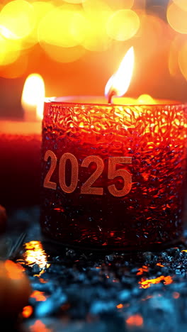 a lit candle with the number 2025 written on it. the candles are surrounded by pine cones and other decorations